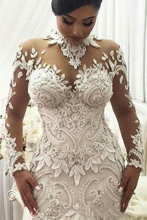 High Neck Beaded Appliques Mermaid Wedding Dress with Sheer Tulle Long Sleeves