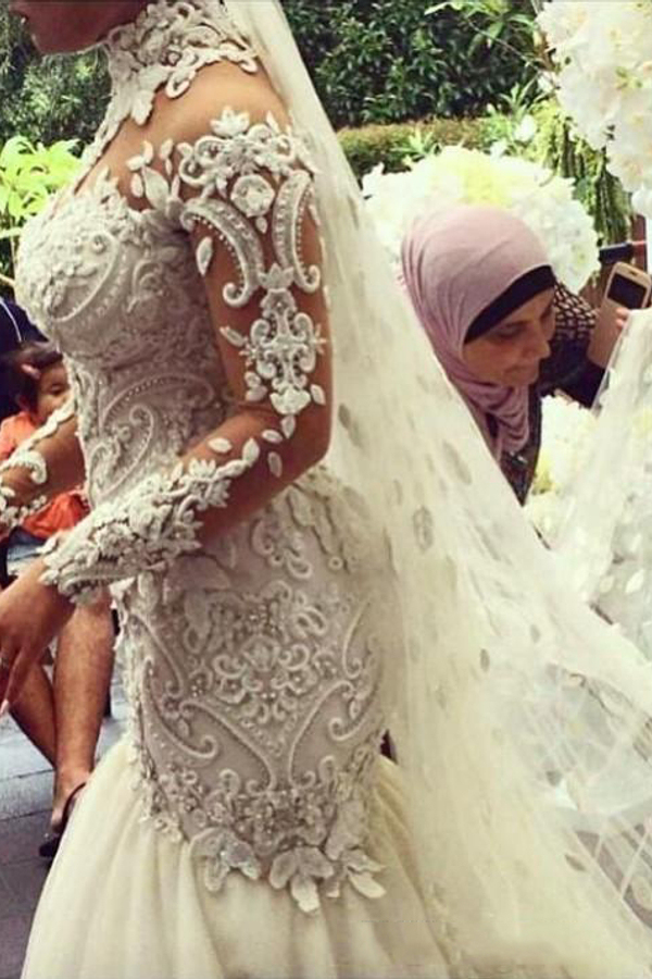 High Neck Beaded Appliques Mermaid Wedding Dress with Sheer Tulle Long Sleeves