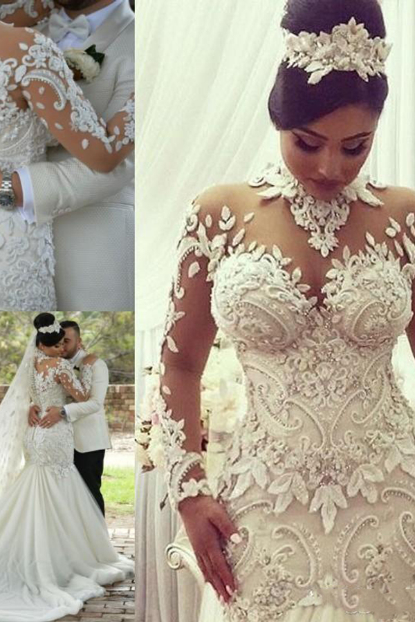 High Neck Beaded Appliques Mermaid Wedding Dress with Sheer Tulle Long Sleeves