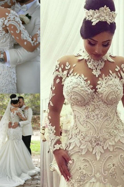 High Neck Beaded Appliques Mermaid Wedding Dress with Sheer Tulle Long Sleeves