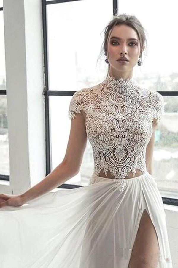High Neck Cap Sleeve Ivory Chiffon Split Wedding Dress