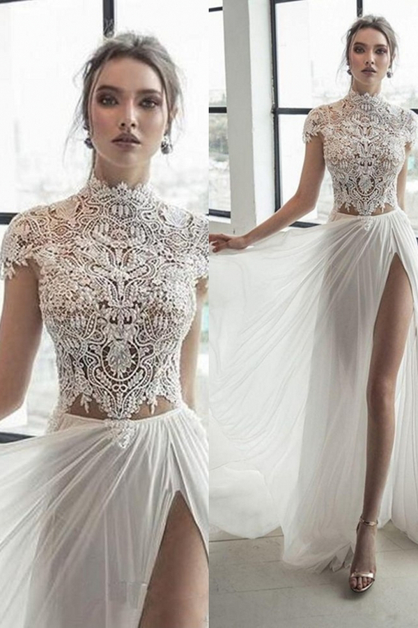 High Neck Cap Sleeve Ivory Chiffon Split Wedding Dress