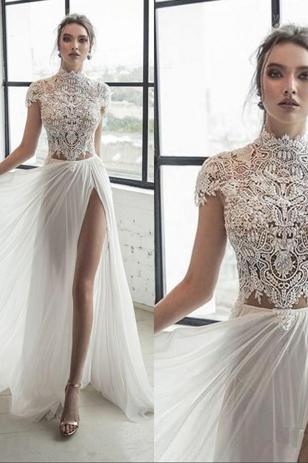 High Neck Cap Sleeve Ivory Chiffon Split Wedding Dress