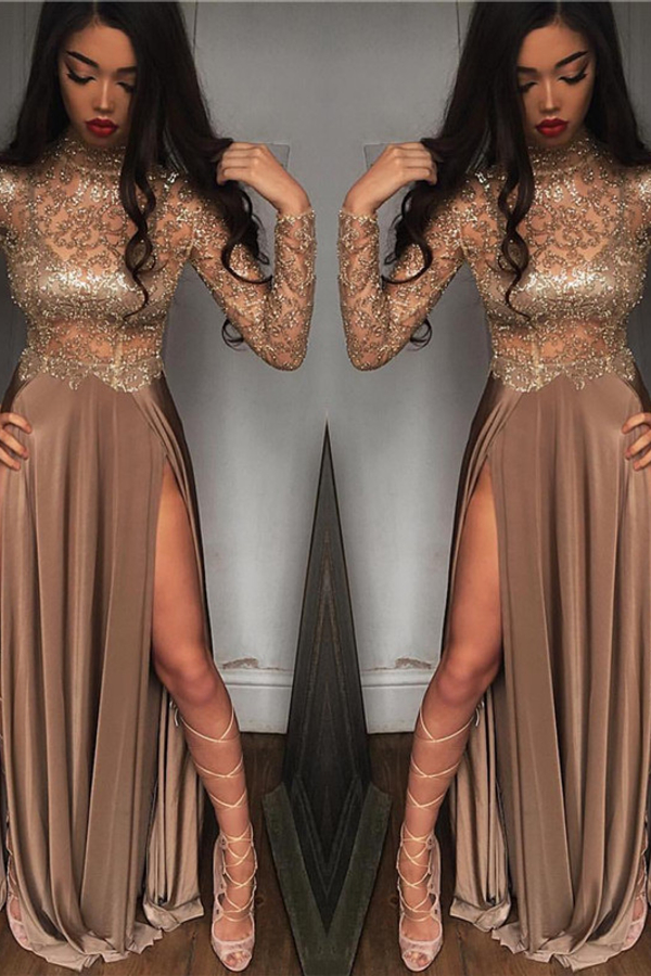High Neck Champagne Gold Sexy Evening Dress | Split Long Sleeve Illusion Prom Dress