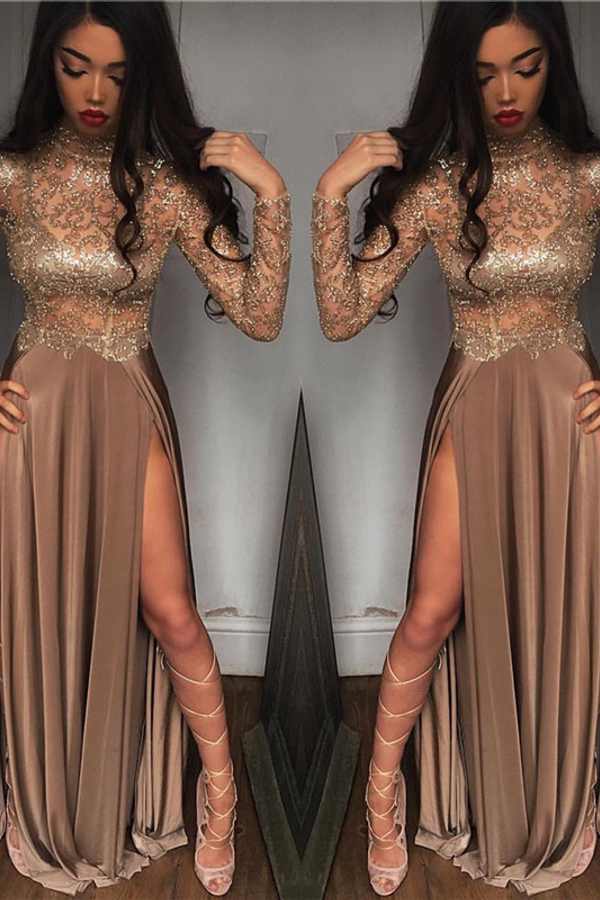High Neck Champagne Gold Sexy Evening Dress | Split Long Sleeve Illusion Prom Dress