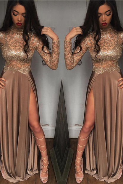 High Neck Champagne Gold Sexy Evening Dress | Split Long Sleeve Illusion Prom Dress