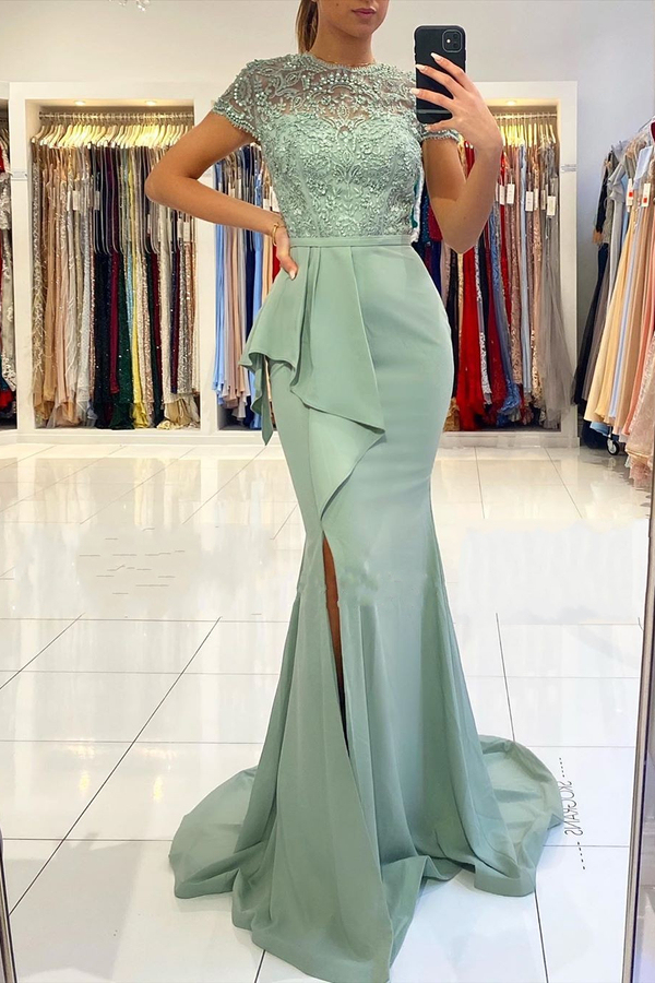 High Neck Lace Column Evening Dress | Side Split Short Sleeve Satin Long Prom Dress