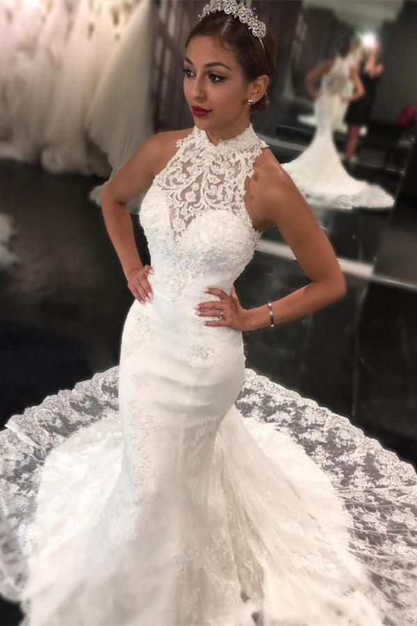 High Neck Lace Mermaid Sleeveless Sweep Train Wedding Dress
