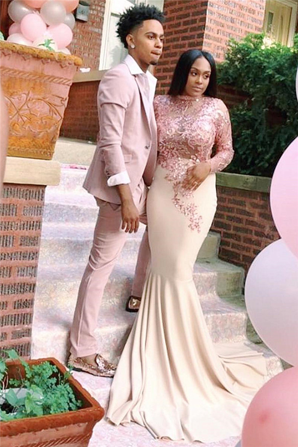 High Neck Long Sleeves Prom Dress | Illusion Rose Gold Lace Appliques Mermaid Evening Gown