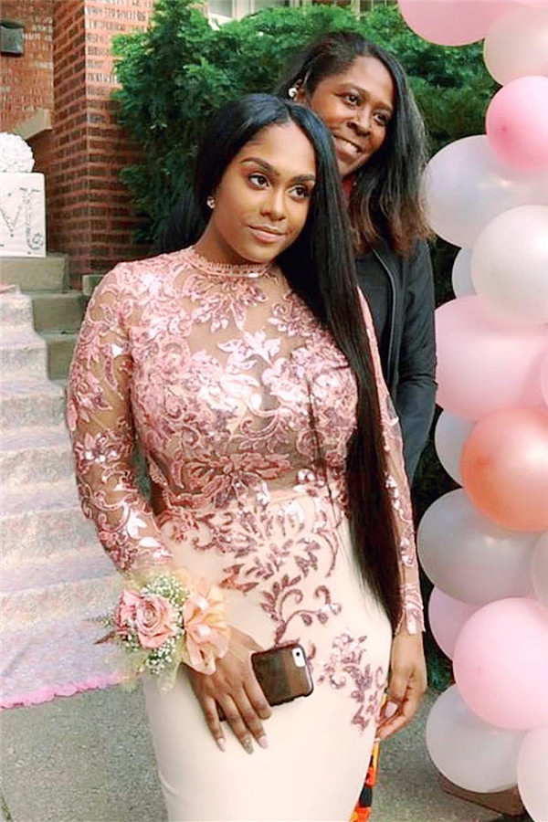 High Neck Long Sleeves Prom Dress | Illusion Rose Gold Lace Appliques Mermaid Evening Gown