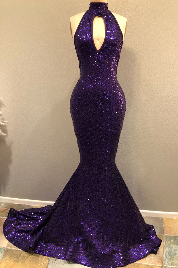 High Neck Sequined Mermaid Prom Dress with Keyhole