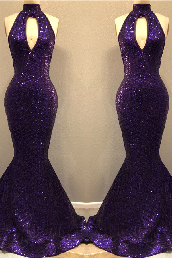High Neck Sequined Mermaid Prom Dress with Keyhole