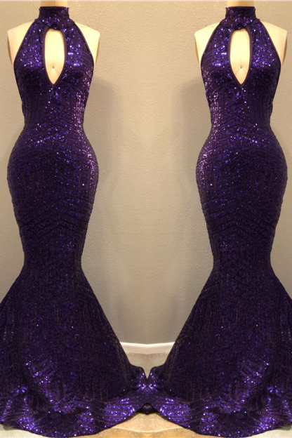 High Neck Sequined Mermaid Prom Dress with Keyhole