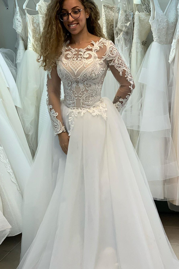 Illusion Neck Long Sleeve A-Line Lace Princess Wedding Dress