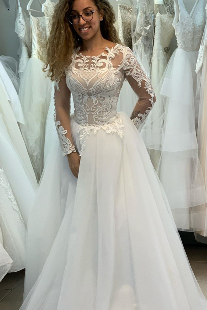 Illusion Neck Long Sleeve A-Line Lace Princess Wedding Dress