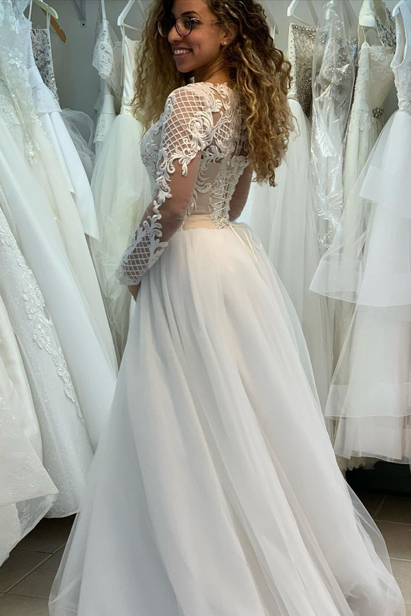 Illusion Neck Long Sleeve A-Line Lace Princess Wedding Dress