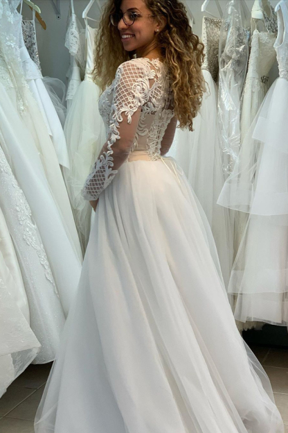 Illusion Neck Long Sleeve A-Line Lace Princess Wedding Dress