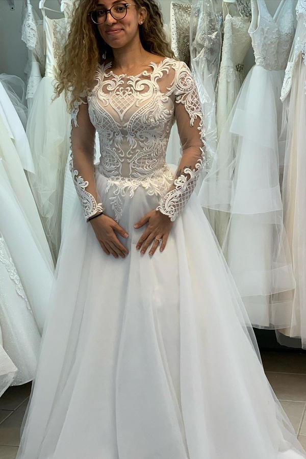 Illusion Neck Long Sleeve A-Line Lace Princess Wedding Dress