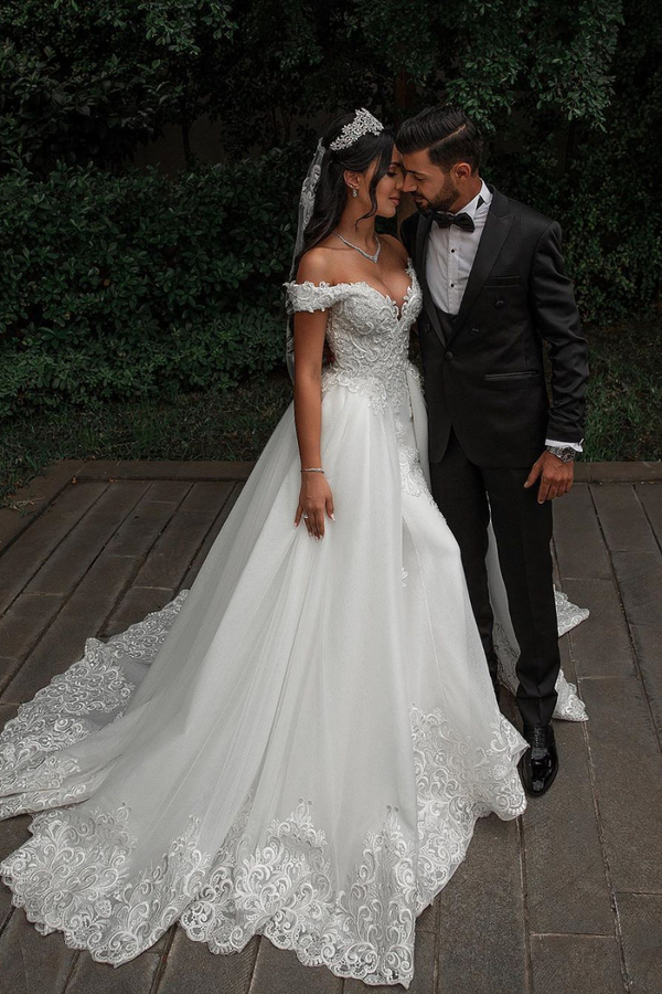 Ivory A-Line Princess Off-Shoulder Lace Wedding Dress