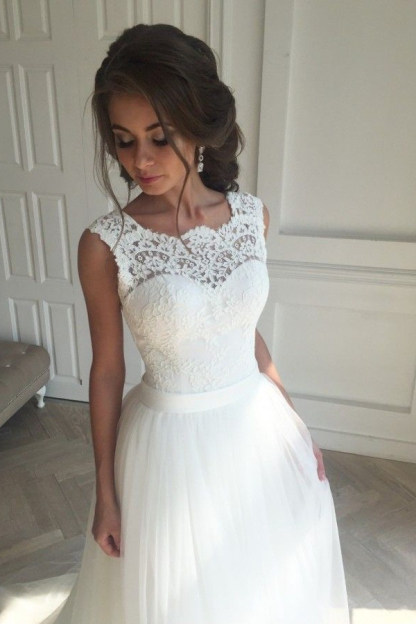 Lace A-Line Simple Sleeveless Sash Open Back Wedding Dress