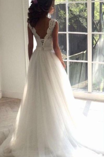 Lace A-Line Simple Sleeveless Sash Open Back Wedding Dress