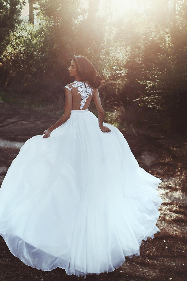 Lace Applique Chiffon Wedding Dress with Front Slit and Sheer Design