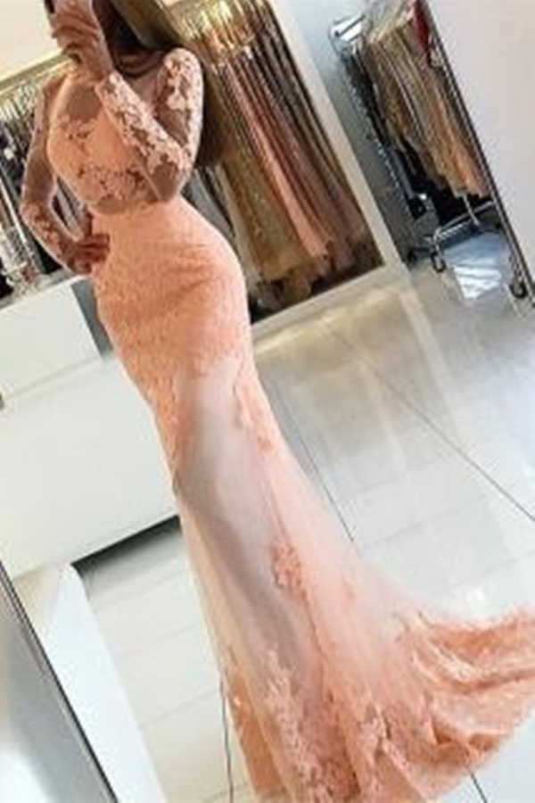 Lace Appliques Prom Gown with Sweep Train | Long Sleeves Mermaid Evening Dress