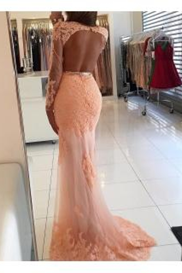 Lace Appliques Prom Gown with Sweep Train | Long Sleeves Mermaid Evening Dress
