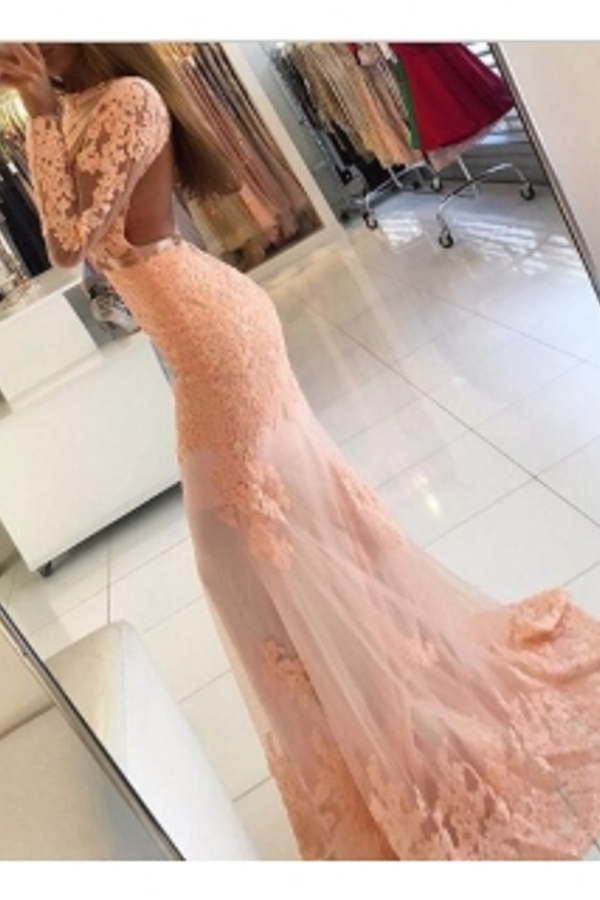 Lace Appliques Prom Gown with Sweep Train | Long Sleeves Mermaid Evening Dress