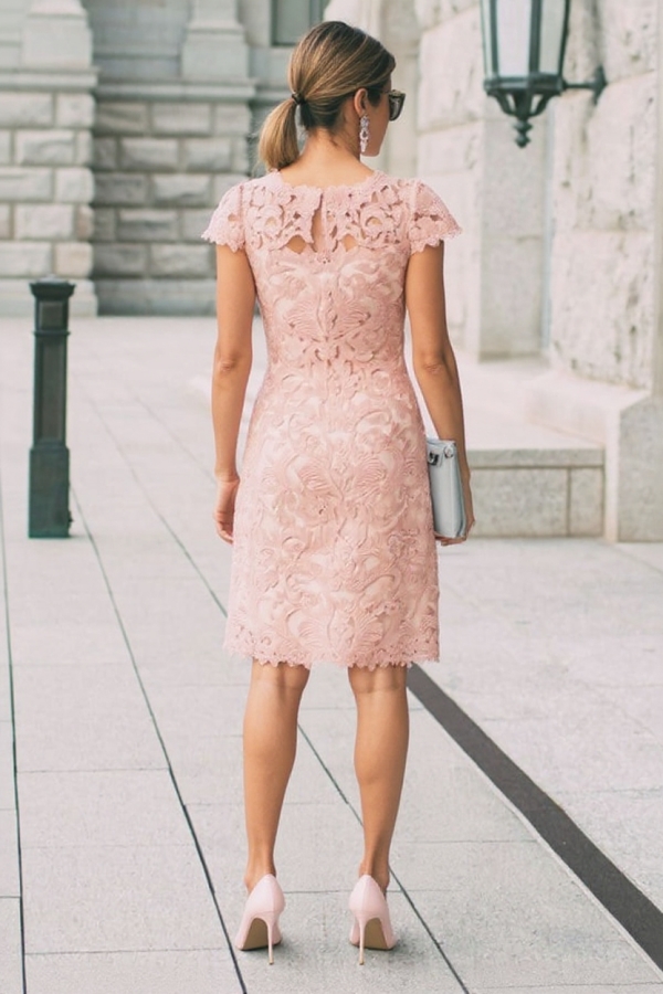 Chicloth  Pink Short Sleeves Lace Prom Dress Knee-Length Online