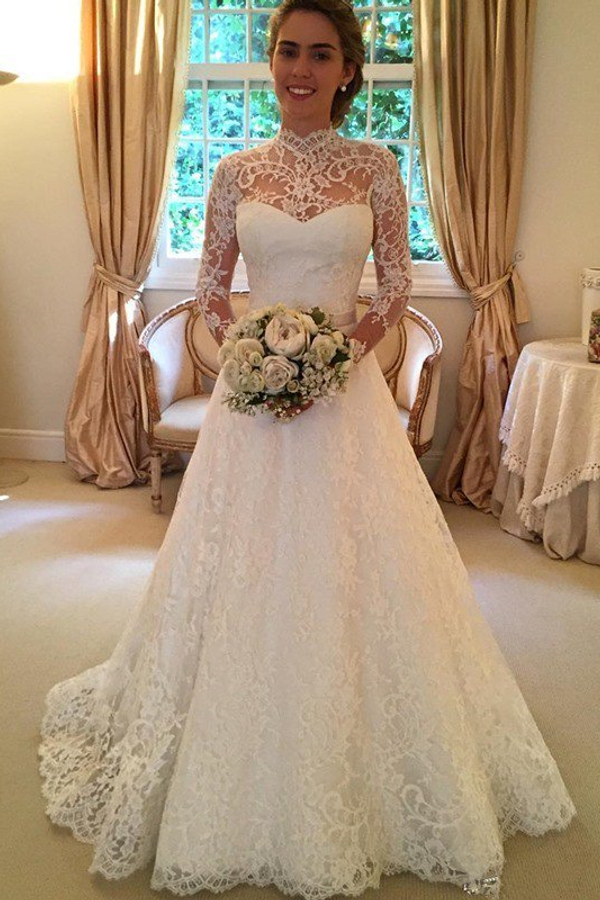 Lace High Neck Court Train Ball Gown Long Sleeve Wedding Dress