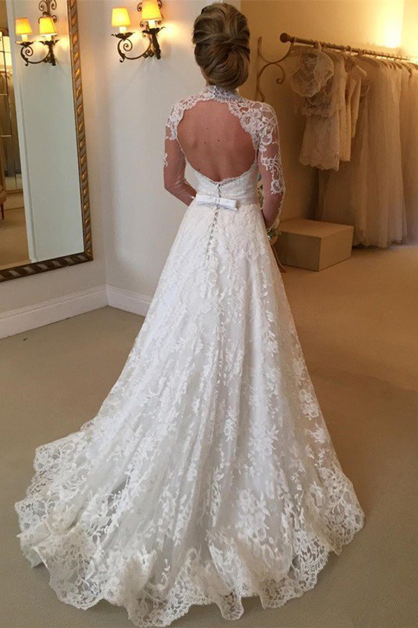 Lace High Neck Court Train Ball Gown Long Sleeve Wedding Dress