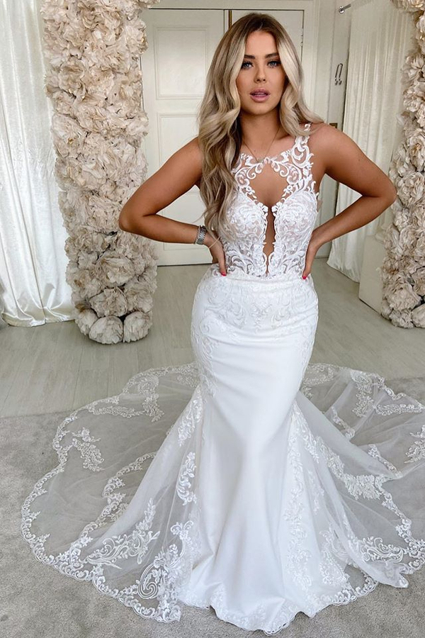 Lace Straps Mermaid Wedding Dresses | Sleeveless Lace-up Appliques Bridal Gowns