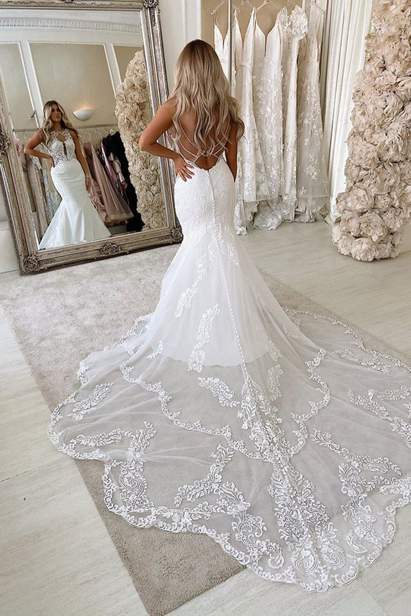 Lace Straps Mermaid Wedding Dresses | Sleeveless Lace-up Appliques Bridal Gowns