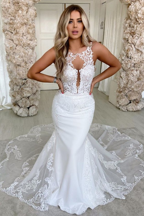 Lace Straps Mermaid Wedding Dresses | Sleeveless Lace-up Appliques Bridal Gowns