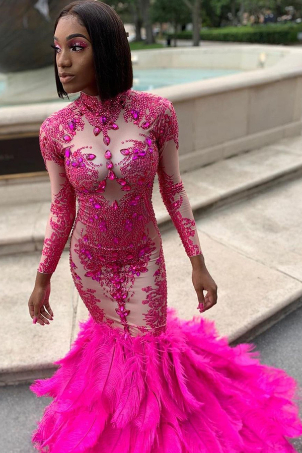 Long Sleeve Crystals Mermaid Evening Gown Rinestone Appliques Long Prom Dress