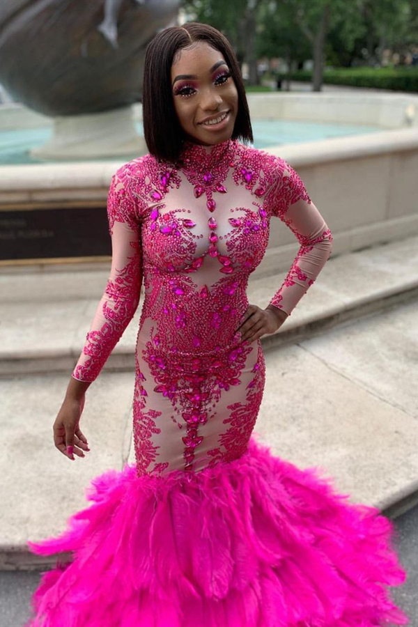 Long Sleeve Crystals Mermaid Evening Gown Rinestone Appliques Long Prom Dress