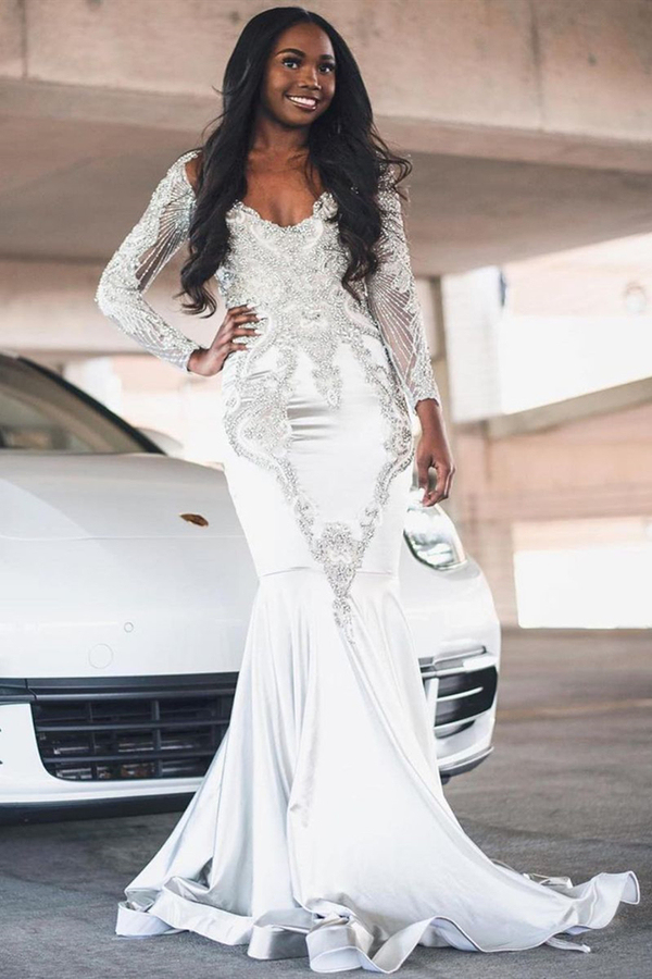 Long Sleeve Evening Gown Lace Appliques Floor Length Mermaid Prom Dress