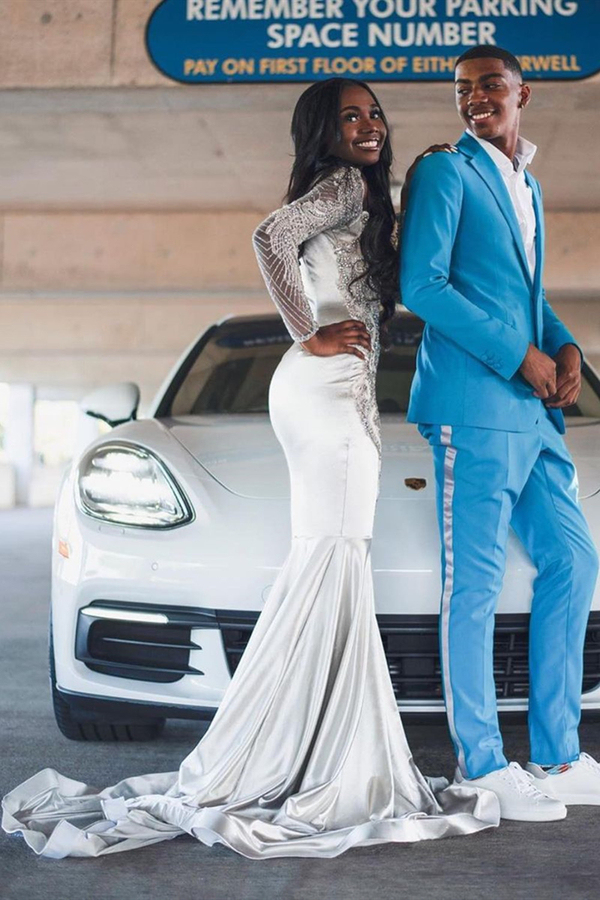 Long Sleeve Evening Gown Lace Appliques Floor Length Mermaid Prom Dress