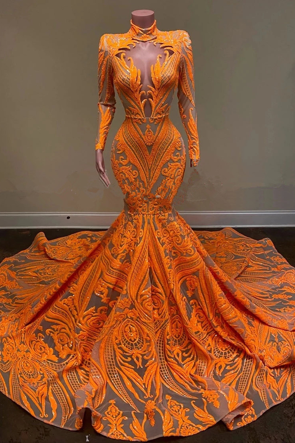 Charming Orange Turtleneck Mermaid Ball Gown | Long Sleeve Floor-Length Evening Dress