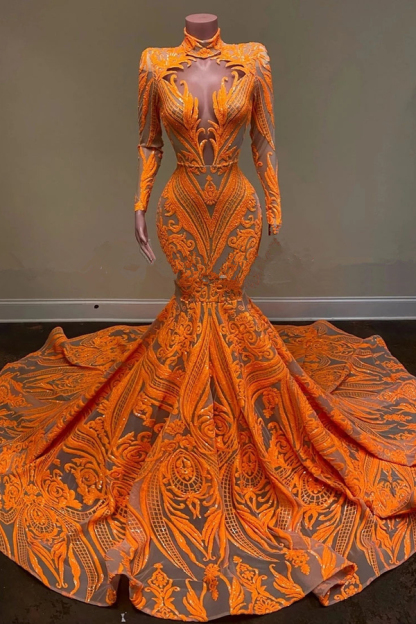 Charming Orange Turtleneck Mermaid Ball Gown | Long Sleeve Floor-Length Evening Dress
