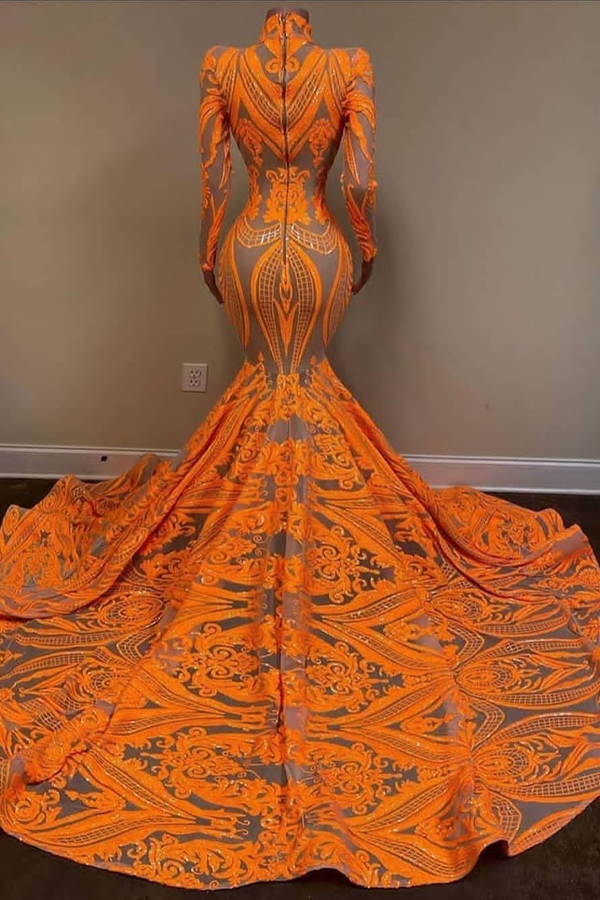 Charming Orange Turtleneck Mermaid Ball Gown | Long Sleeve Floor-Length Evening Dress
