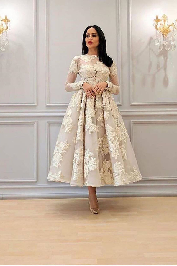 Long Sleeve Floral A-Line Evening Dress Ankle Length Party Dress