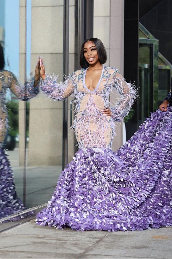 Long Sleeve Floral Pattern Mermaid Evening Gown with Sweep Train