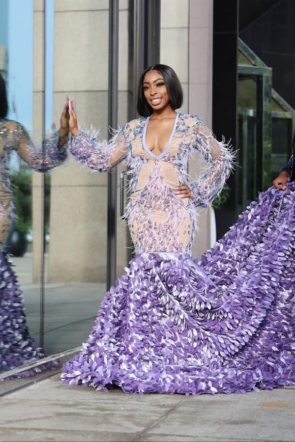 Long Sleeve Floral Pattern Mermaid Evening Gown with Sweep Train
