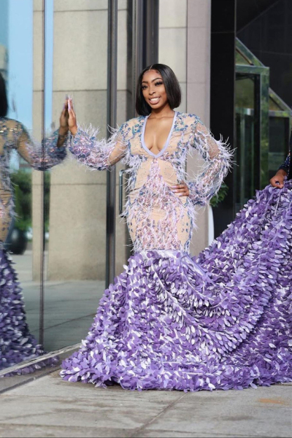 Long Sleeve Floral Pattern Mermaid Evening Gown with Sweep Train