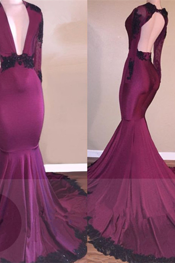 Long Sleeve Gold Lace Appliqué Prom Dress | Puffy Formal Evening Dress