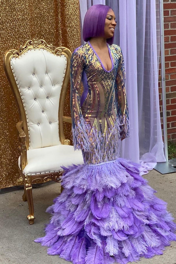 Long Sleeve Gold Mermaid Prom Dress Glitter Puffy Long Prom Dress