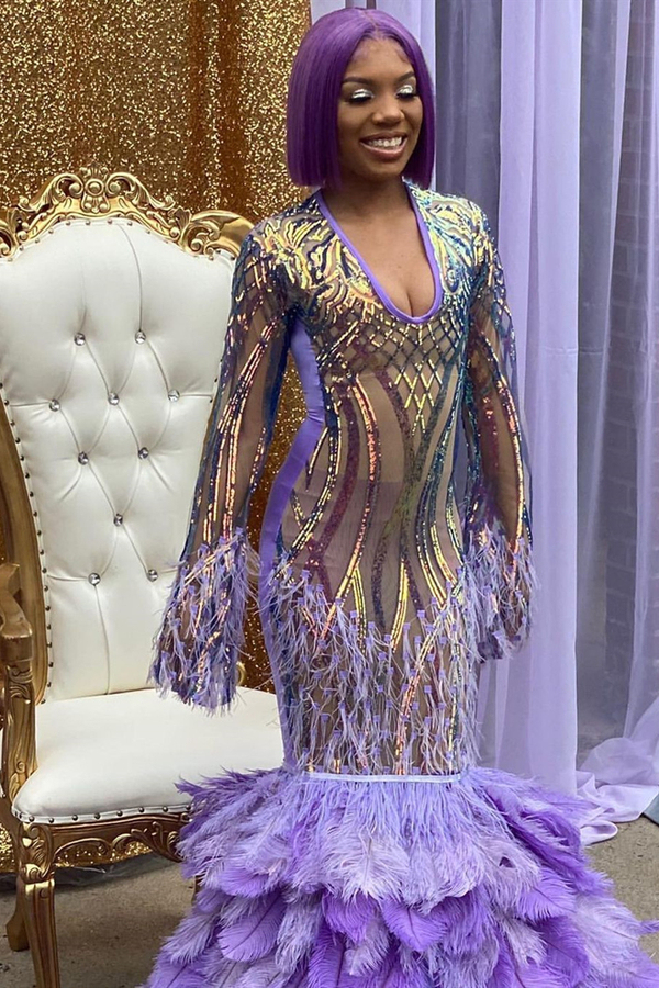 Long Sleeve Gold Mermaid Prom Dress Glitter Puffy Long Prom Dress
