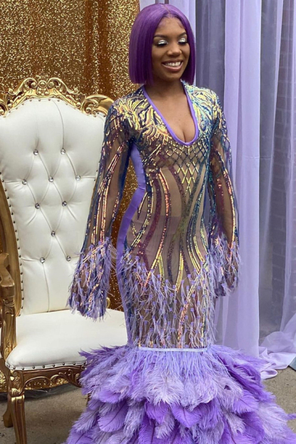 Long Sleeve Gold Mermaid Prom Dress Glitter Puffy Long Prom Dress